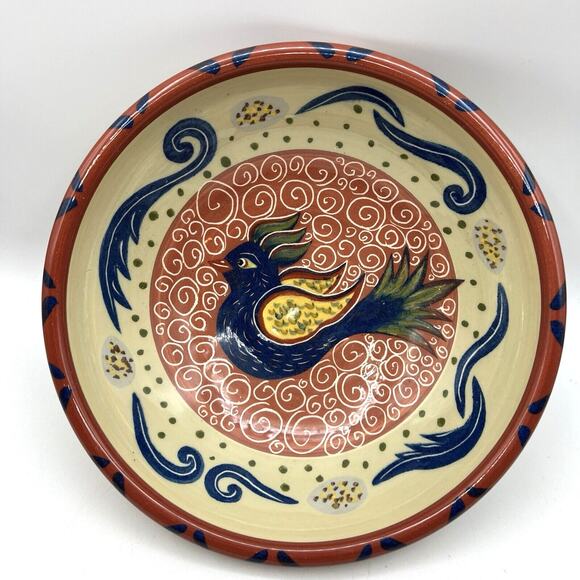 American Folk Art Pottery Serving Bowl Bird Hand Painted McNeil Red Blue 11" - Picture 1 of 9